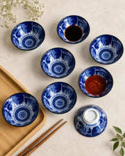 Blue & White Bamboo Floral Dip Bowl - Set Of 8