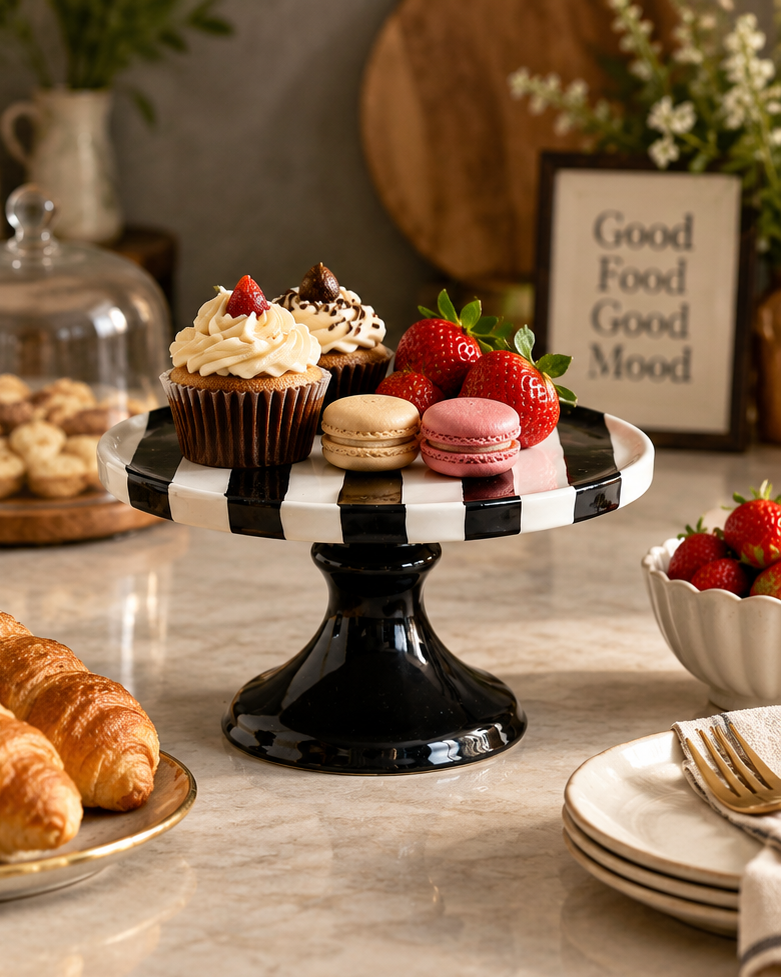 The Cabana Stripe Pedestal Cake Stand - Black