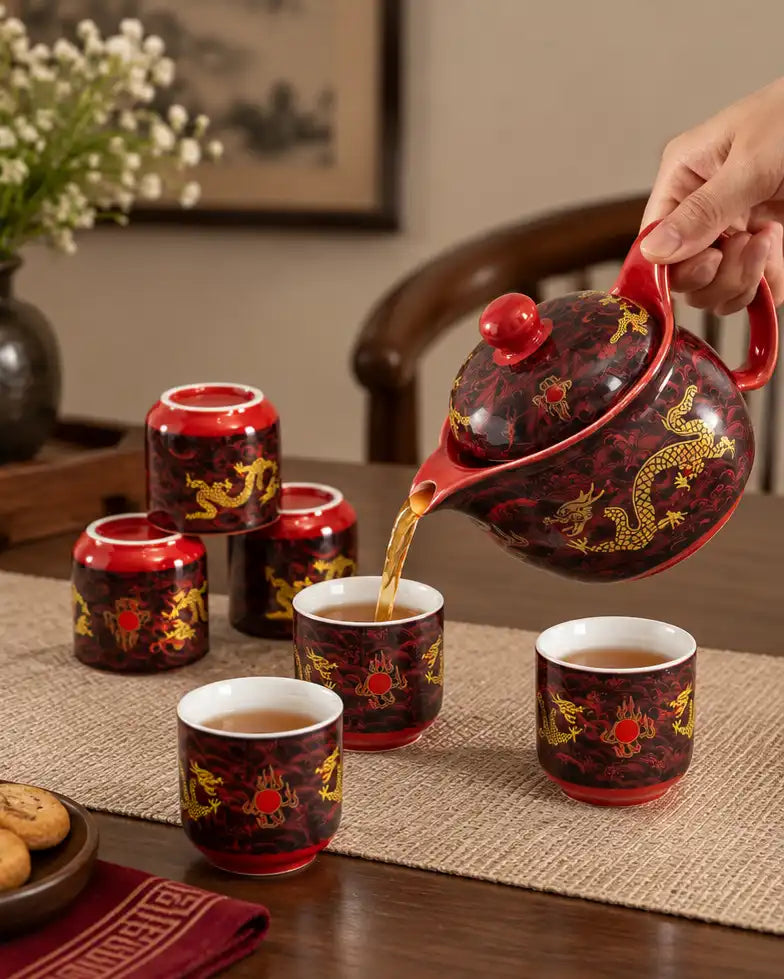 Imperial Red Dragon - 7 Pieces Tea Set