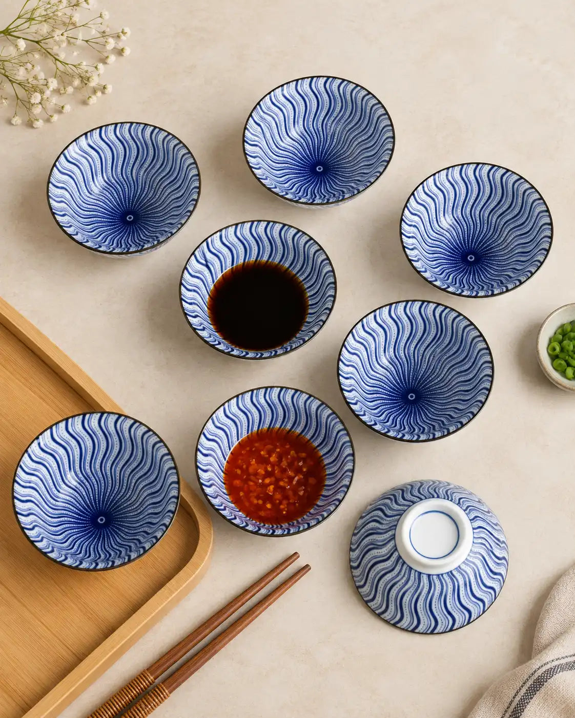 Blue & White Wavy Pattern Dip Bowl - Set Of 8