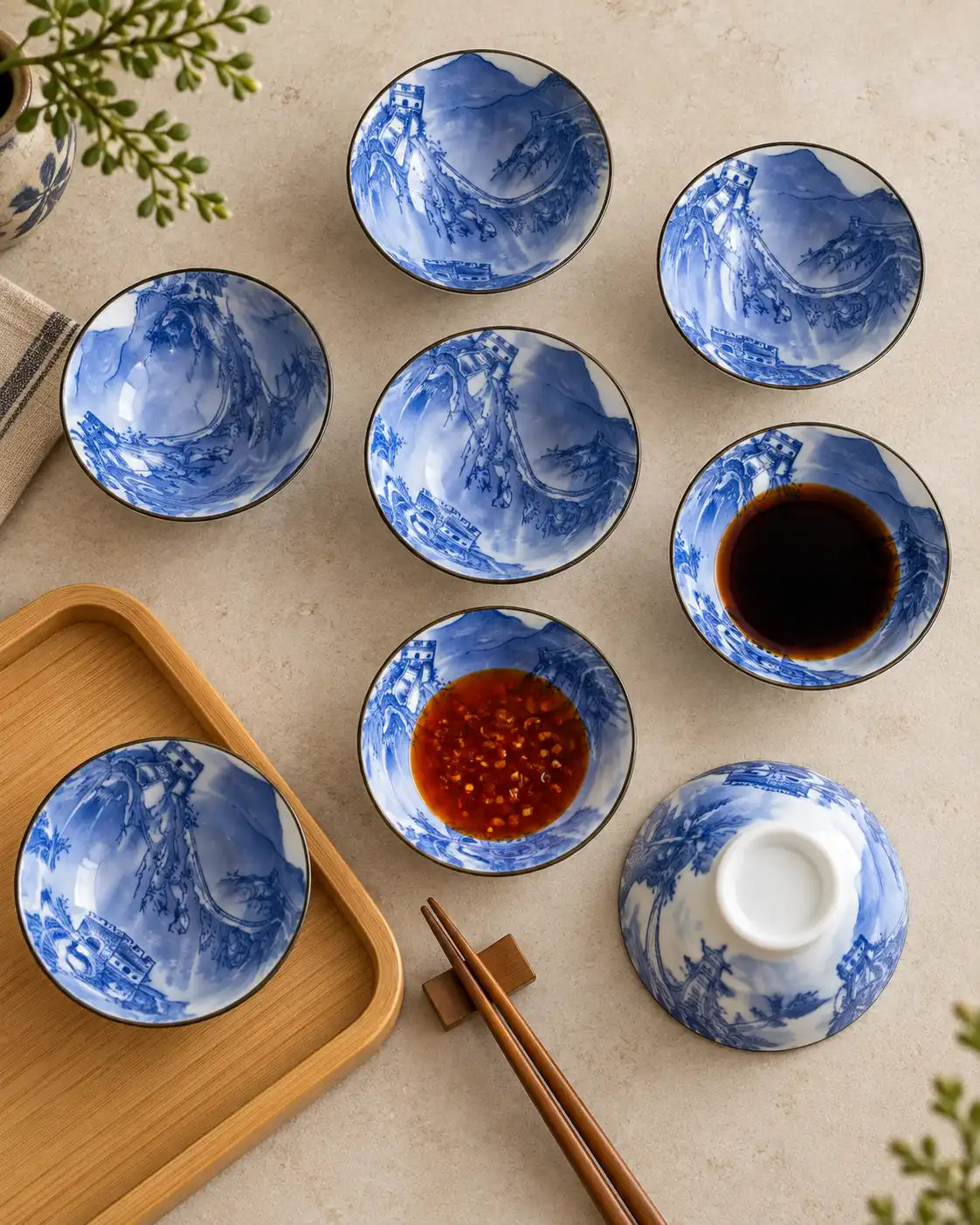 Blue & White Mountain Landscape Dip Bowl - Set Of 8
