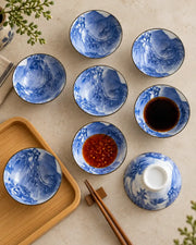 Blue & White Mountain Landscape Dip Bowl - Set Of 8