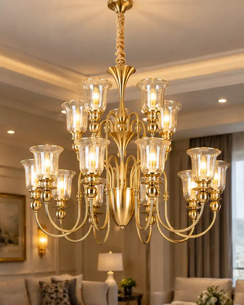 Colonial Bell Glass Shade Chandelier - 12 Light