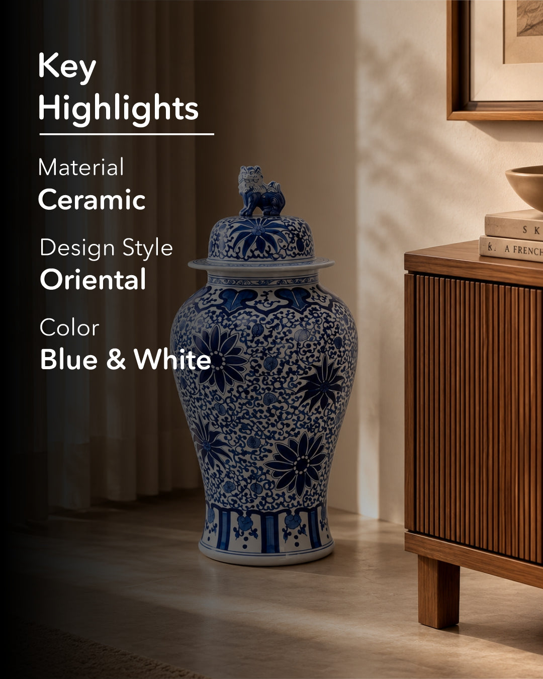 Royal Blossom Blue & White Temple Jar With Foo Dog Lid - 92 cm 