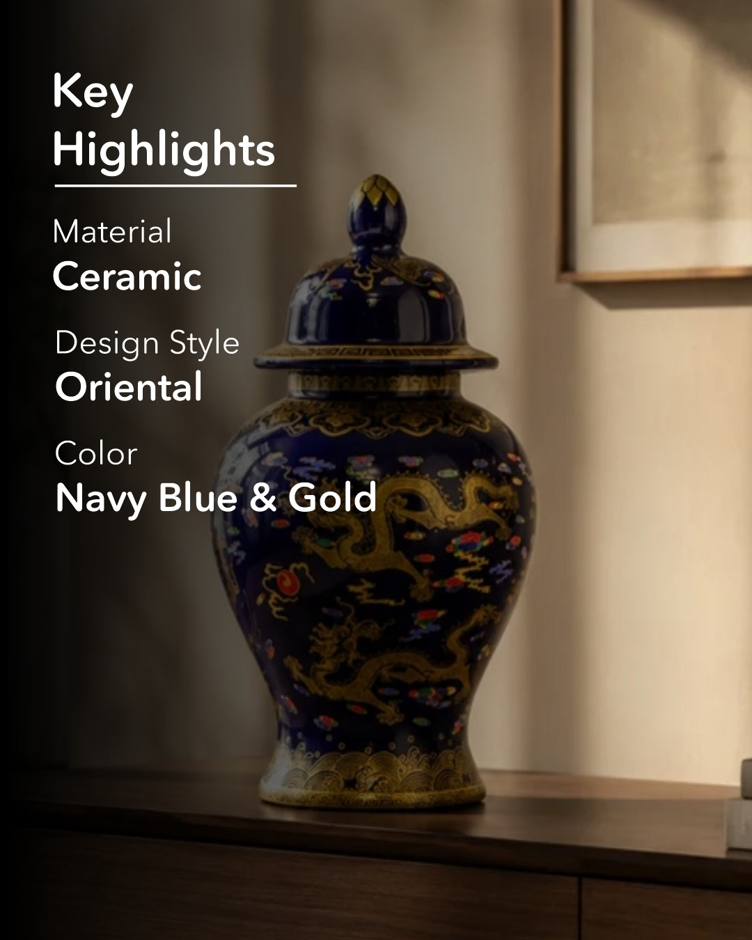 Golden Imperial Dragon Temple Jar - Midnight Blue - 35 cm