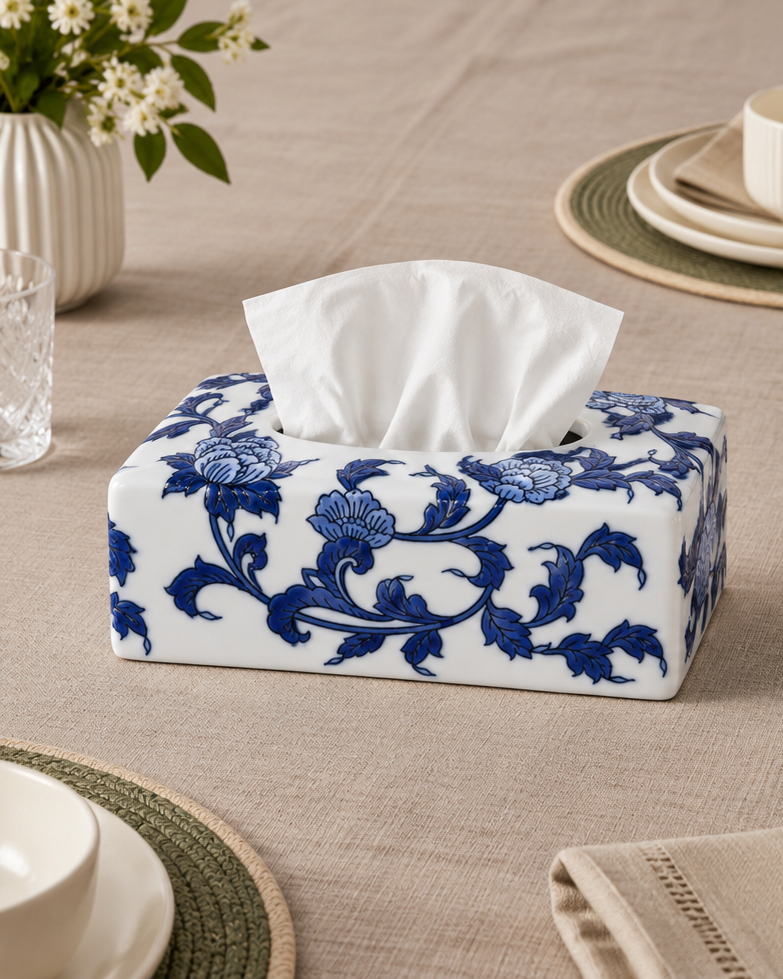 Blue Floral Vine Rectangular Tissue Holder