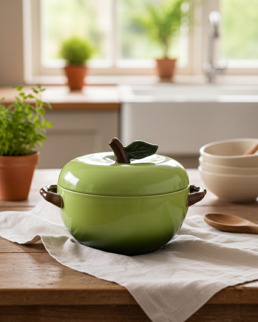 Tomato Shaped Ceramic Stew Bowl with Lid - Green 