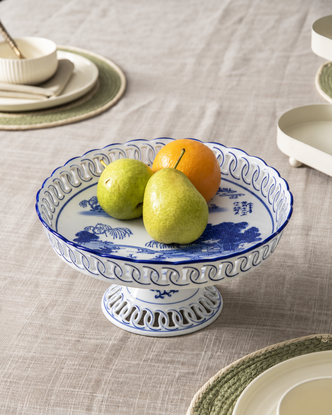 Blue Willow Scenic Pedestal Fruit Bowl