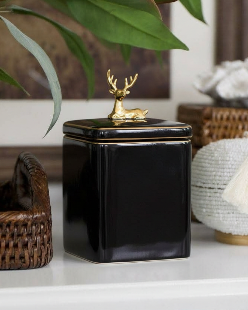 Black Majestic Storage Jar With Deer Lid - Set Of 3 