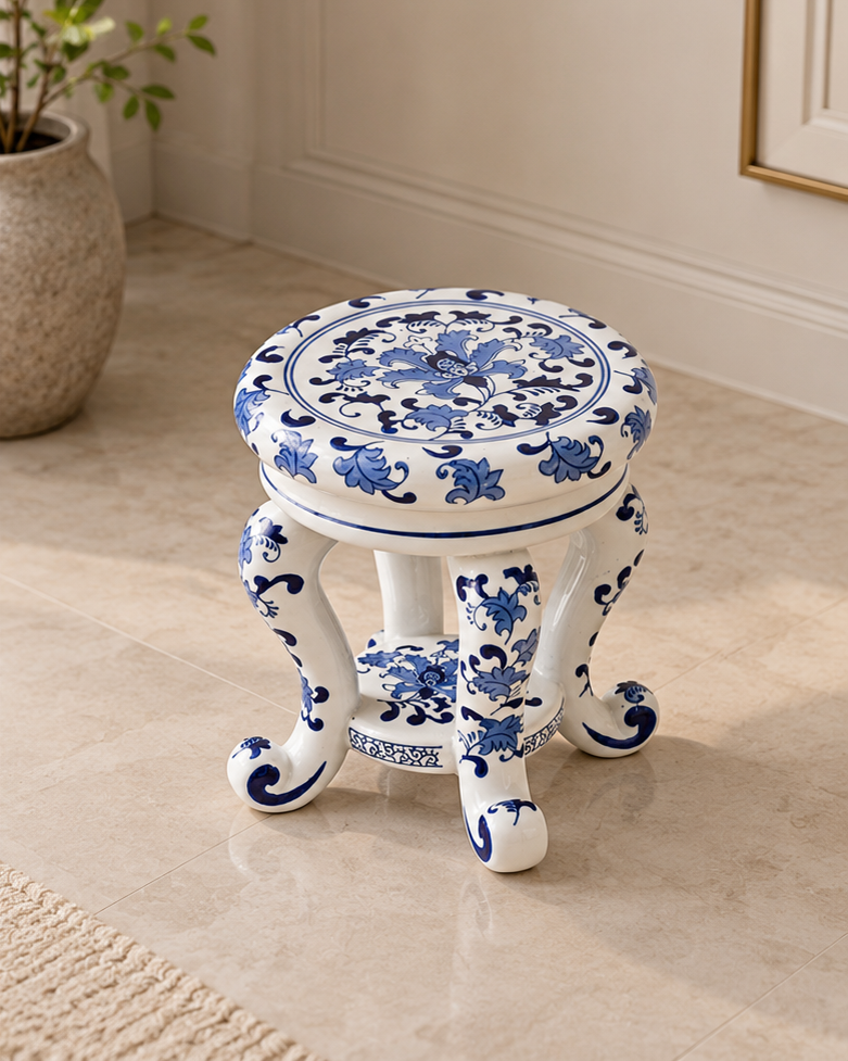 Ornate Floral Scroll Small Ceramic Stool
