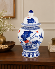 Floral Bird & Lotus Motif Temple Jar