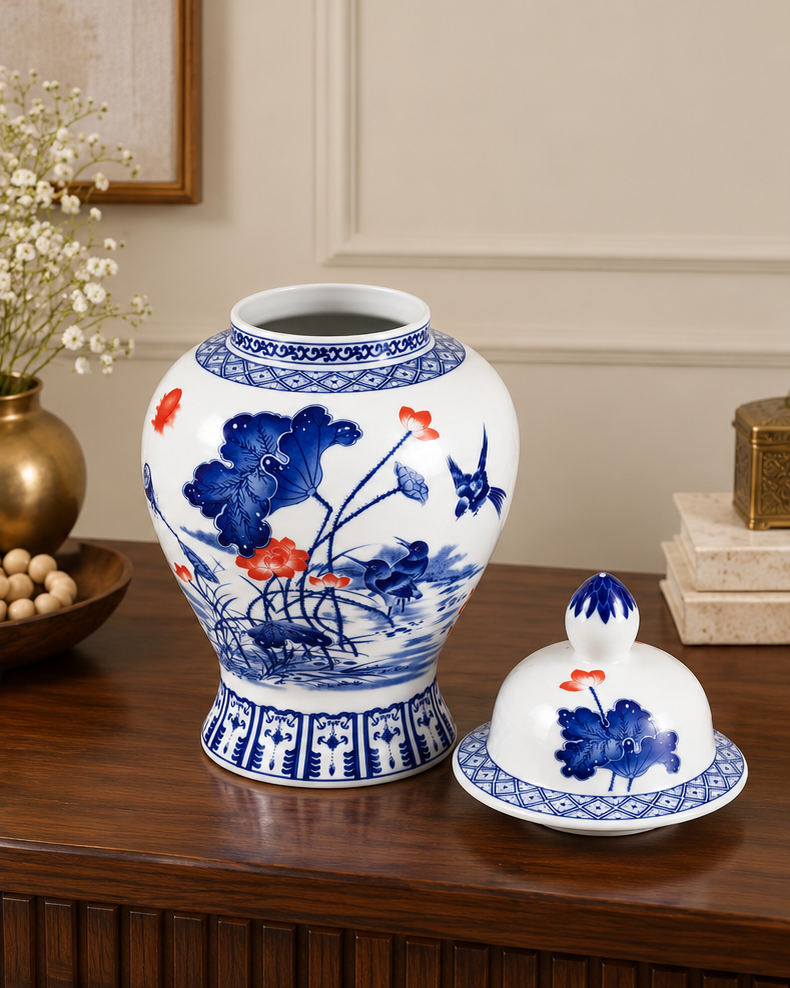 Floral Bird & Lotus Motif Temple Jar