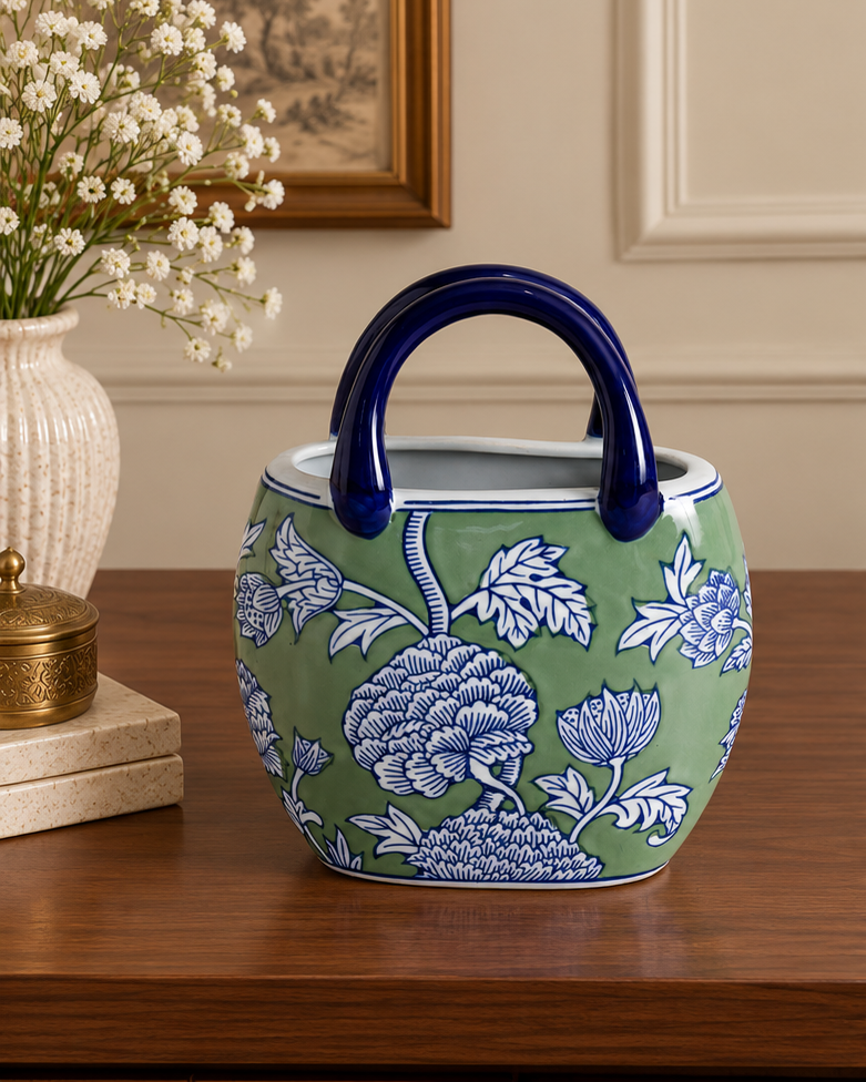 Floral Heritage Handled Vase - Green