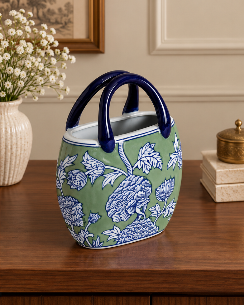 Floral Heritage Handled Vase - Green