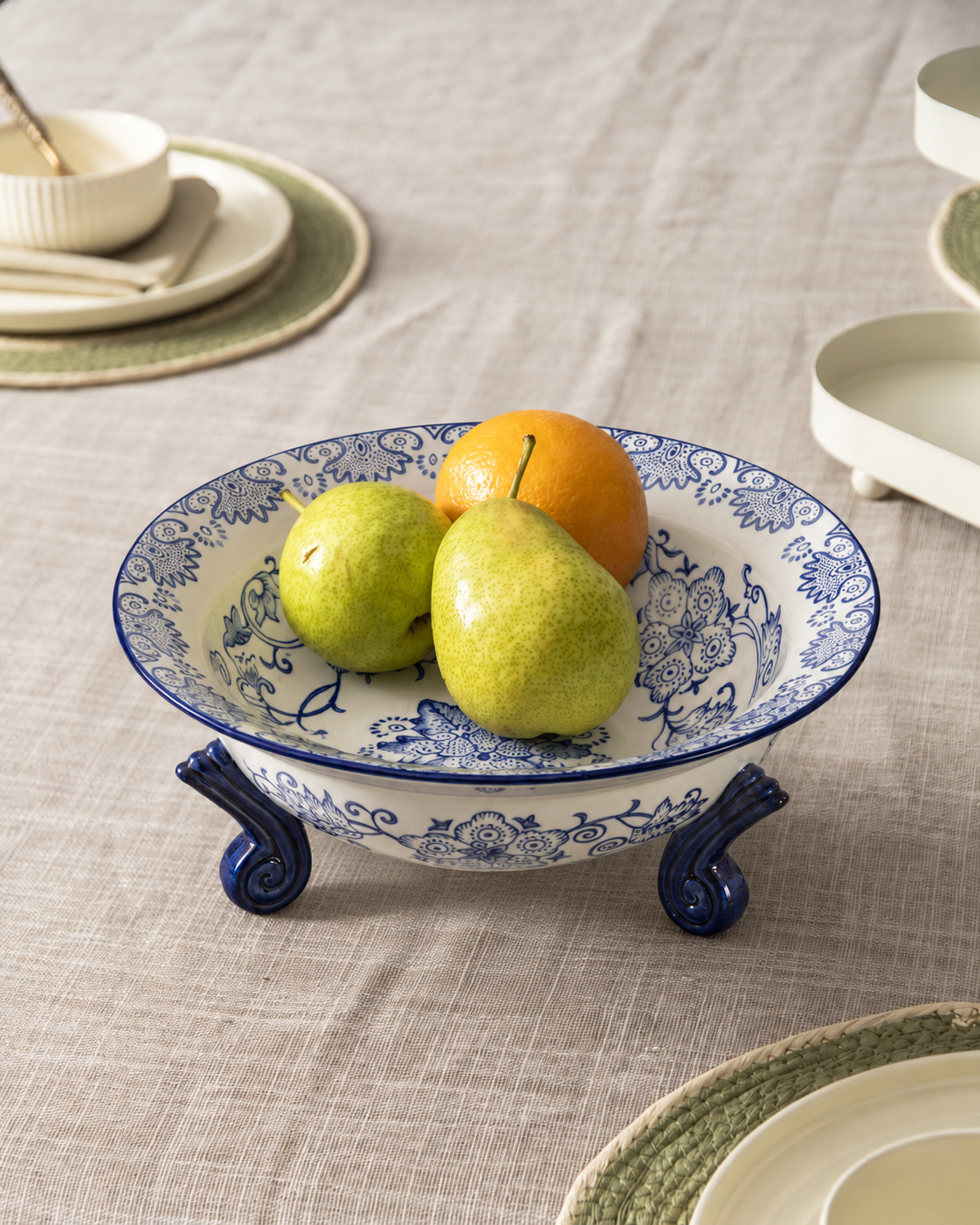 Traditional Blue & White Hand-Painted 3-Footed Bowl