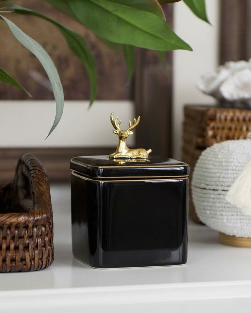 Black Majestic Storage Jar With Deer Lid - Set Of 3 