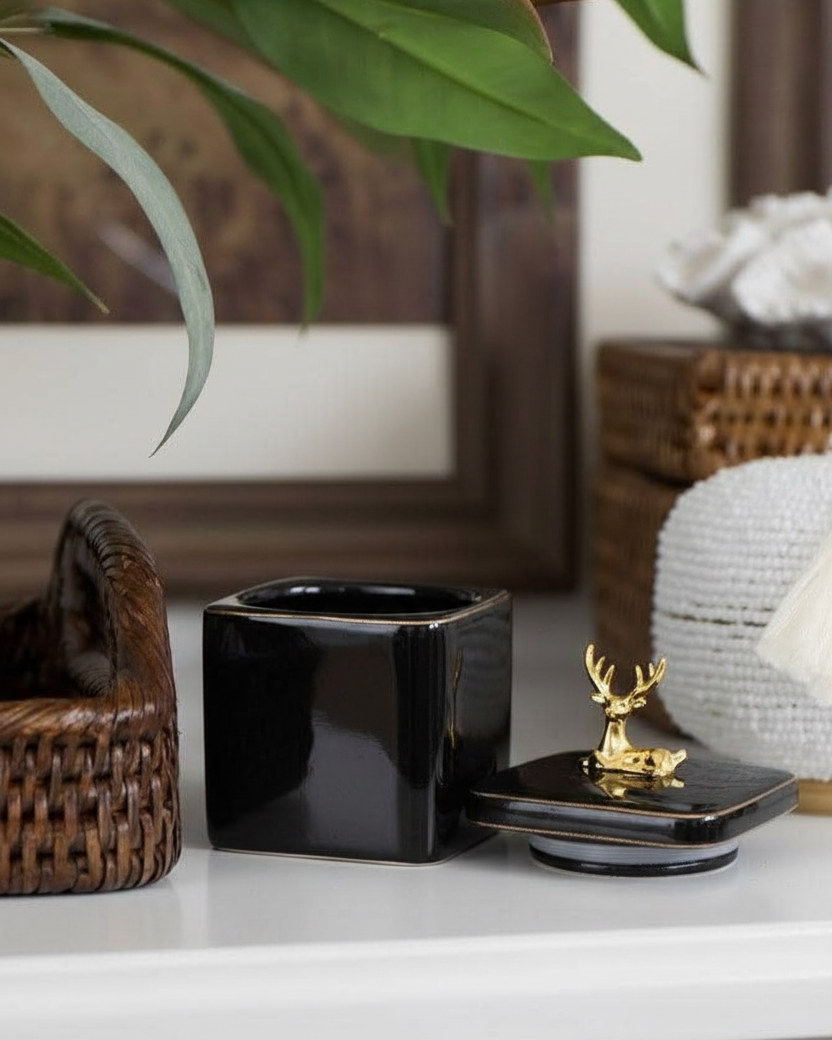 Black Majestic Storage Jar With Deer Lid - Set Of 3 