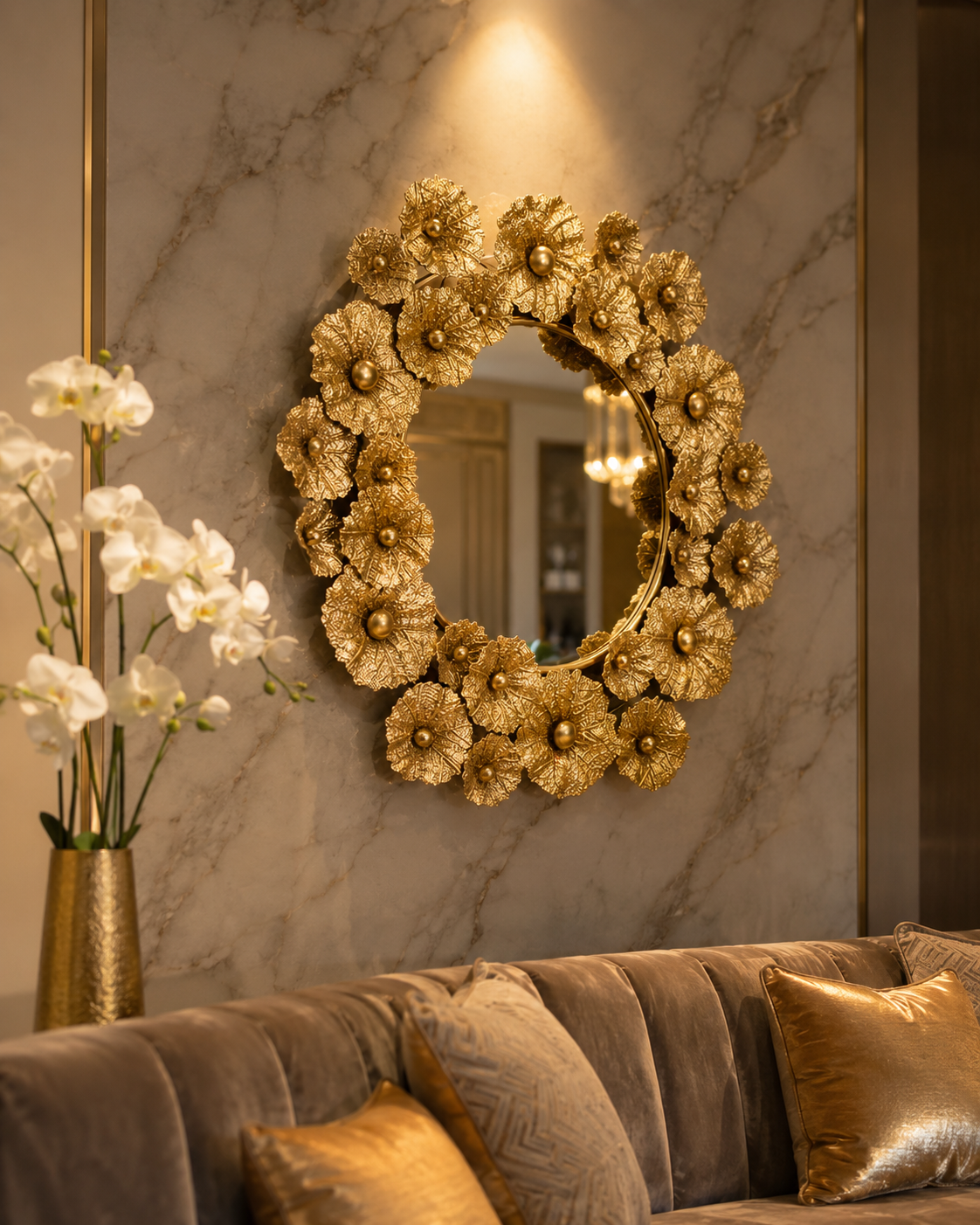 'Leafy Radiance' Metal Leaf-Embellished Mirror