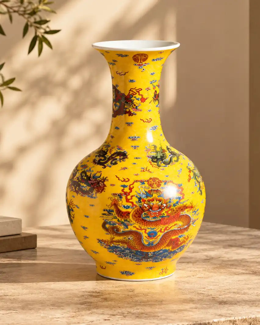 Dragon Motif Bulbous Neck Decorative Vase