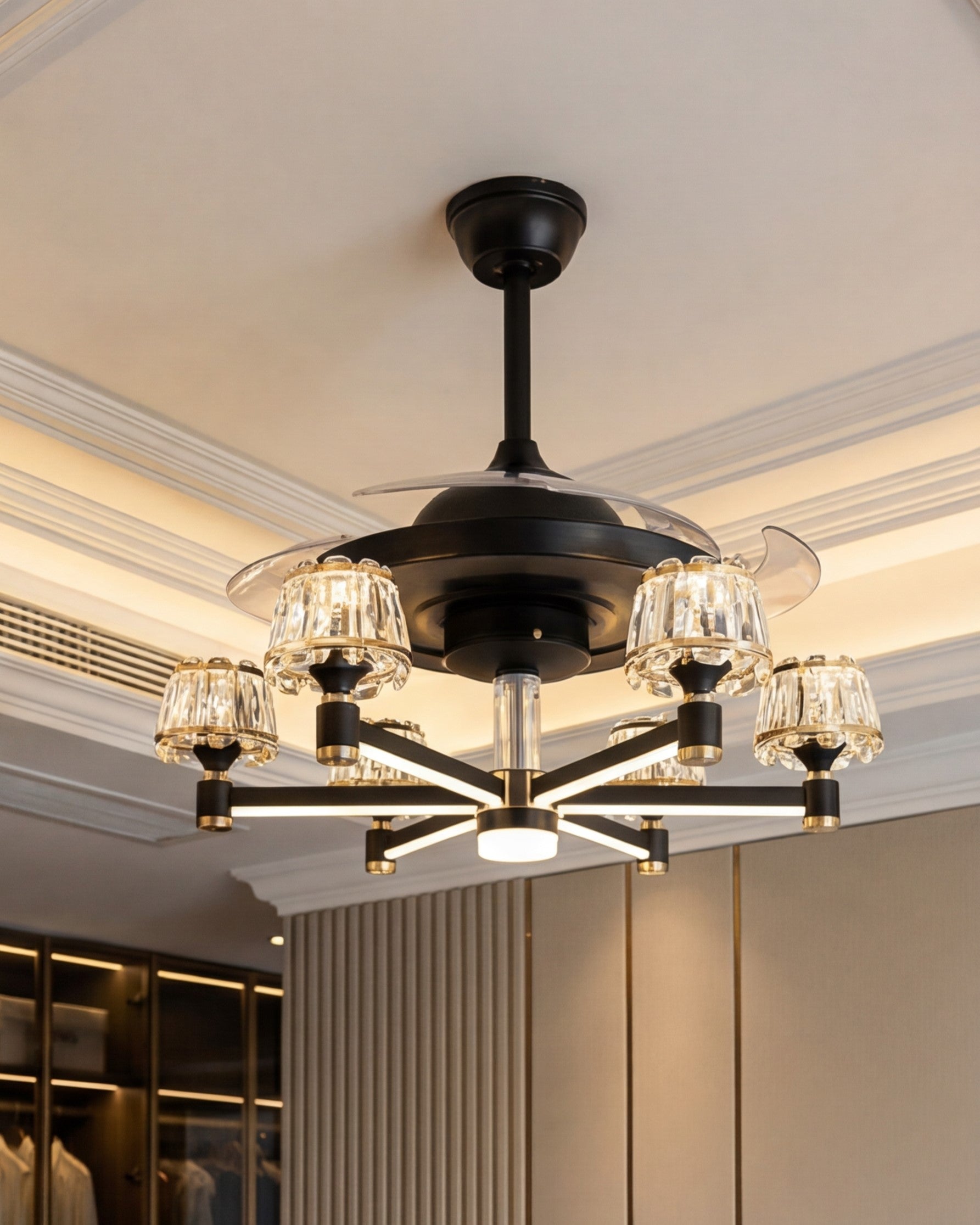 Modern Crown Arm Retractable Ceiling Fan + Chandelier Light (with Remote Control) 