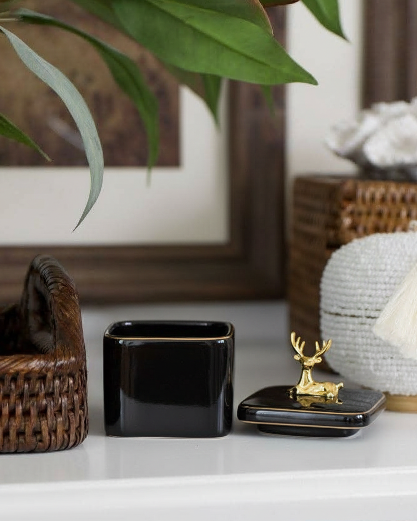 Black Majestic Storage Jar With Deer Lid - Set Of 3 