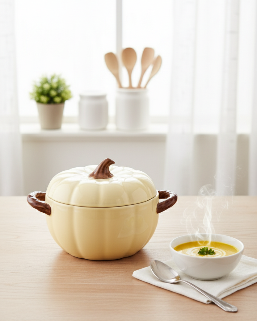 Pumpkin Shaped Ceramic Stew Bowl with Lid - Cream 