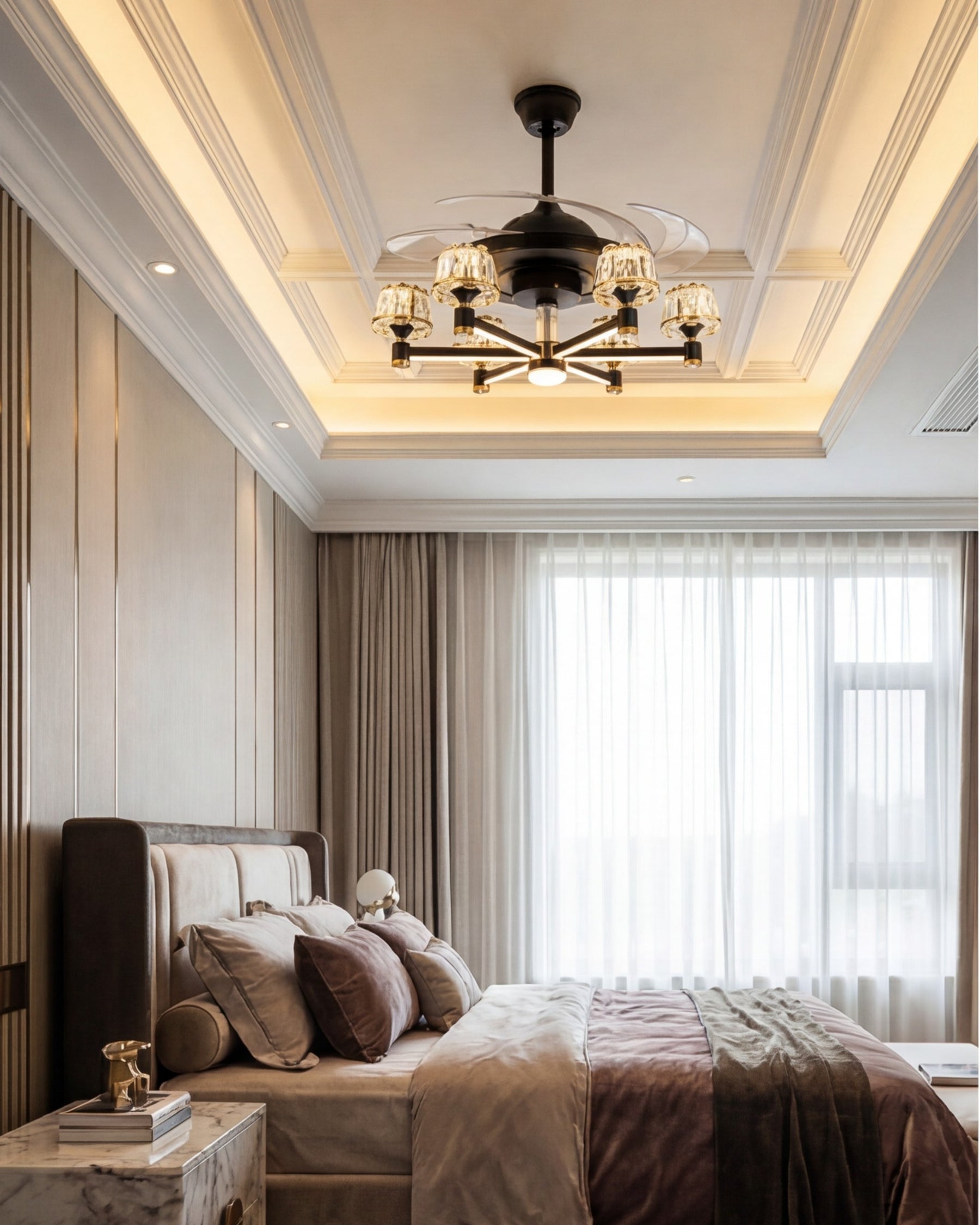 Modern Crown Arm Retractable Ceiling Fan + Chandelier Light (with Remote Control) 