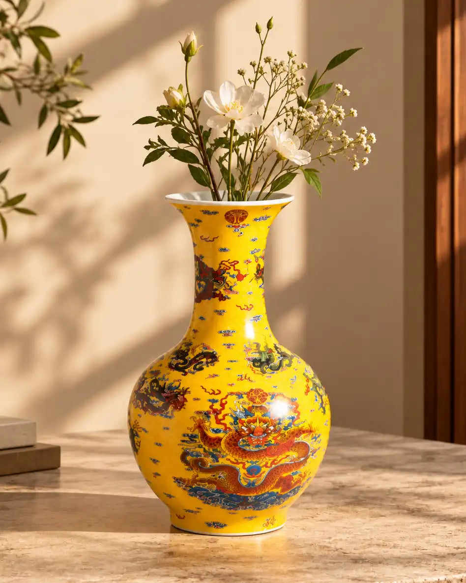 Dragon Motif Bulbous Neck Decorative Vase