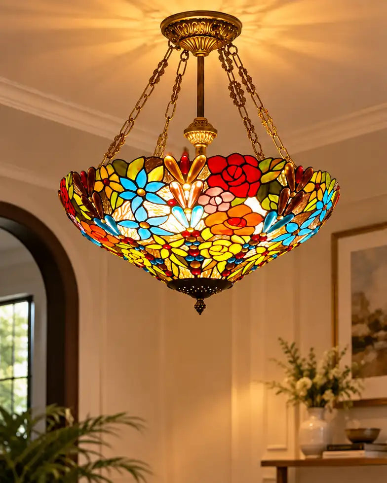 Vibrant Floral Stained Glass Tiffany Chandelier