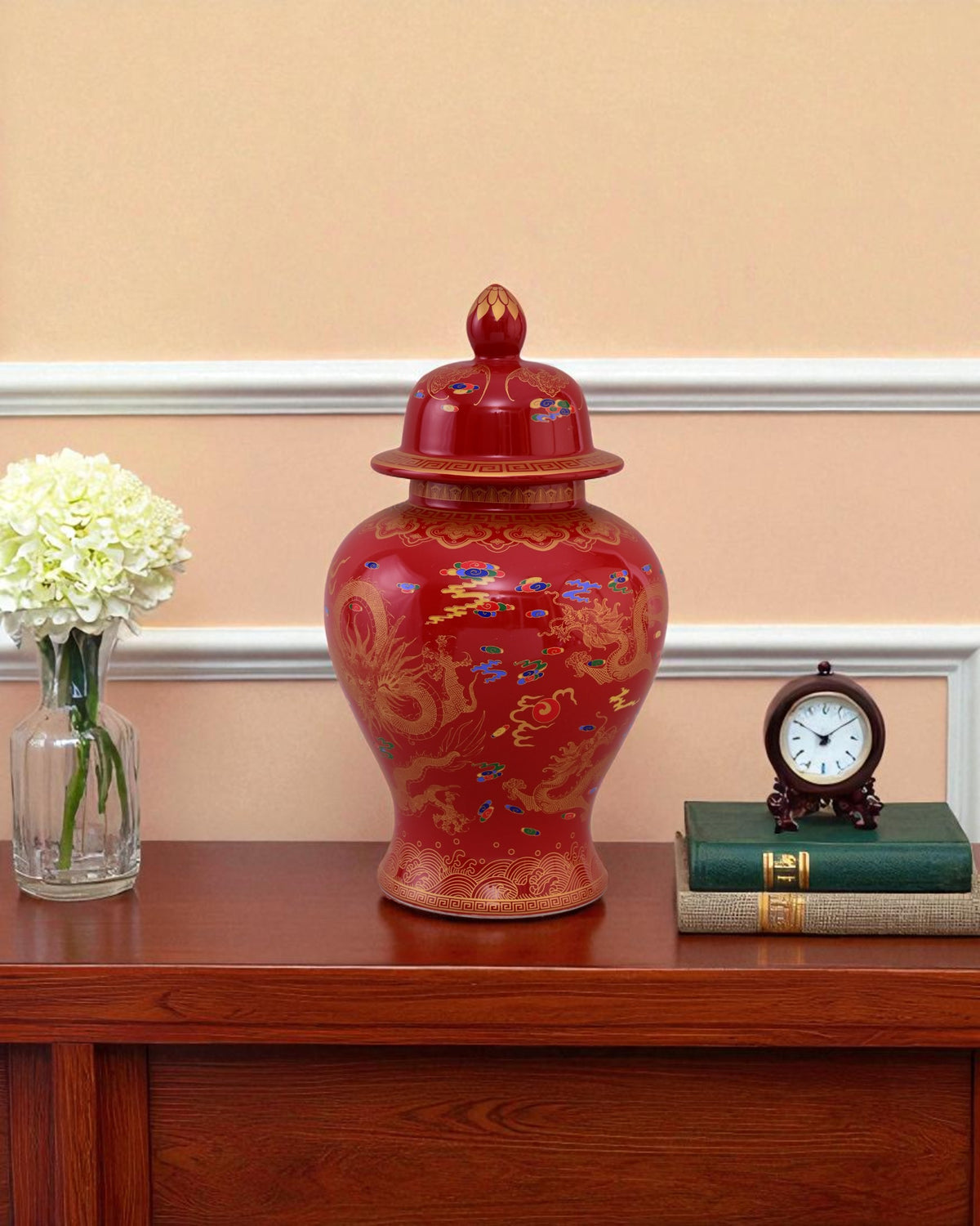 Golden Imperial Dragon Temple Jar - Red - 35 cm