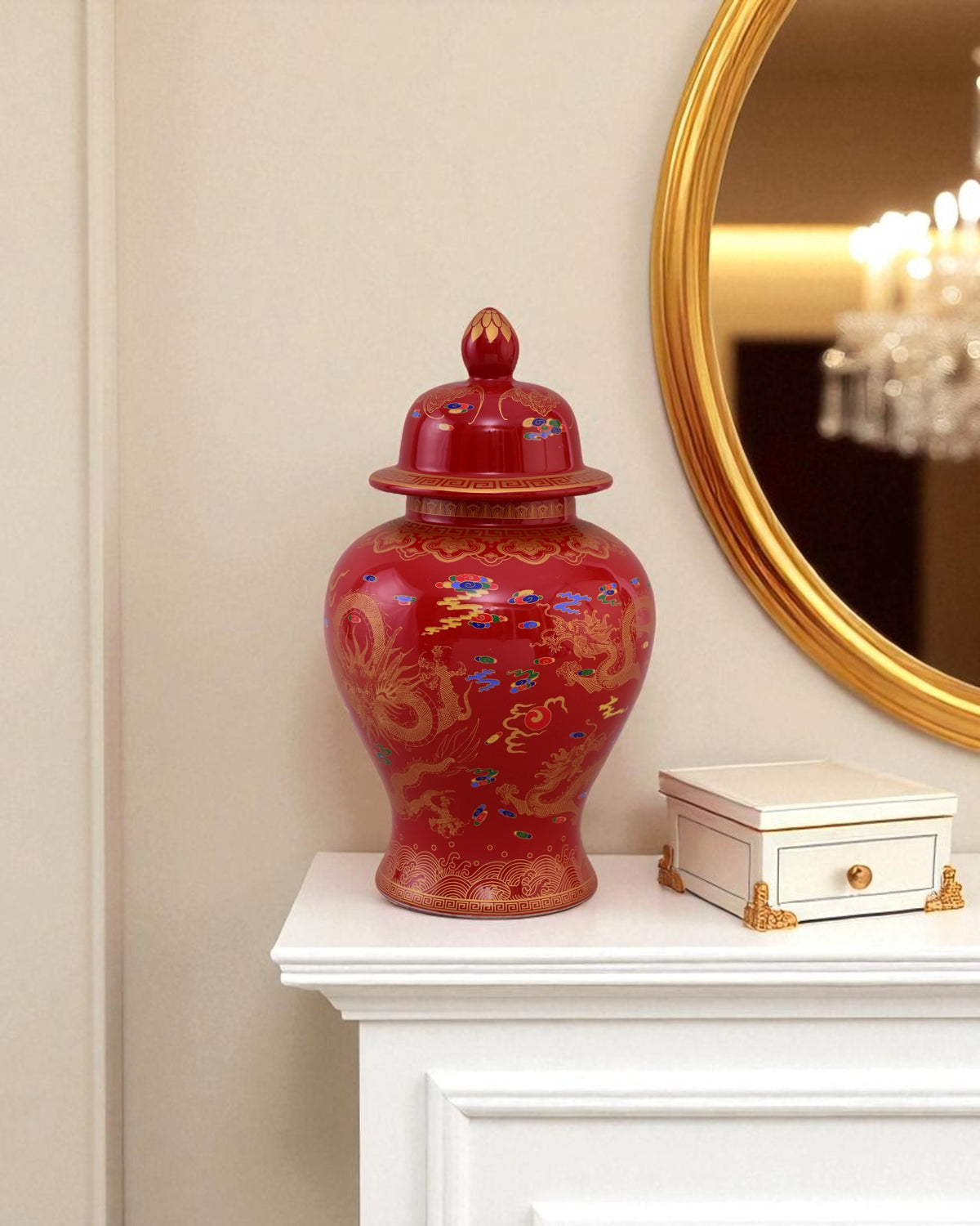 Golden Imperial Dragon Temple Jar - Red - 35 cm