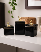 Black Majestic Storage Jar With Deer Lid - Set Of 3 