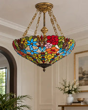 Vibrant Floral Stained Glass Tiffany Chandelier