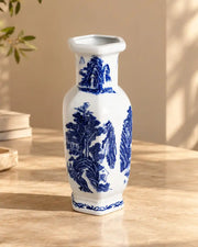 Blue & White Scenic Landscape Hexagonal Vase