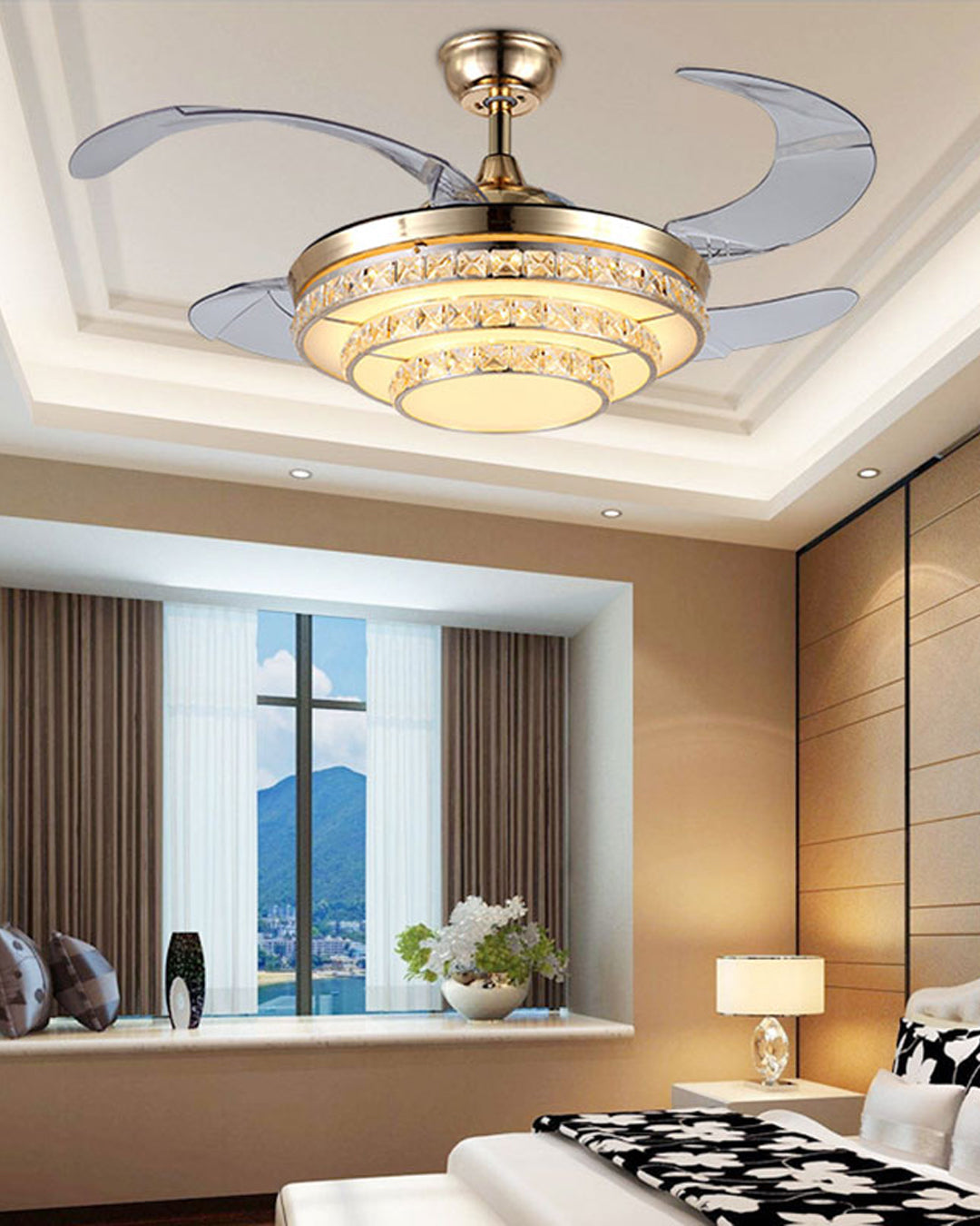 Modern Gold Retractable Ceiling Fan + Chandelier Light (with Remote Control) 