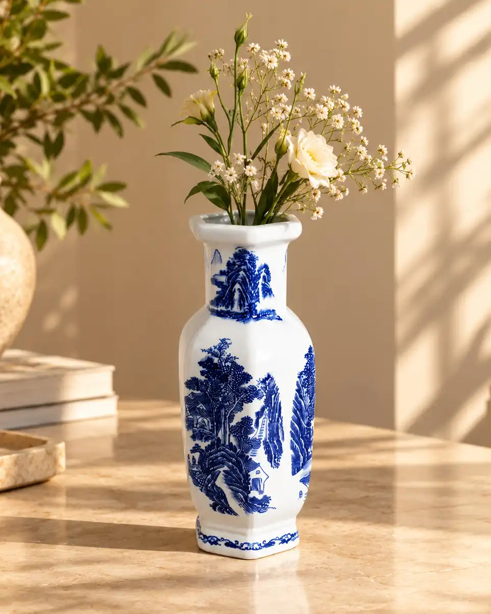 Blue & White Scenic Landscape Hexagonal Vase