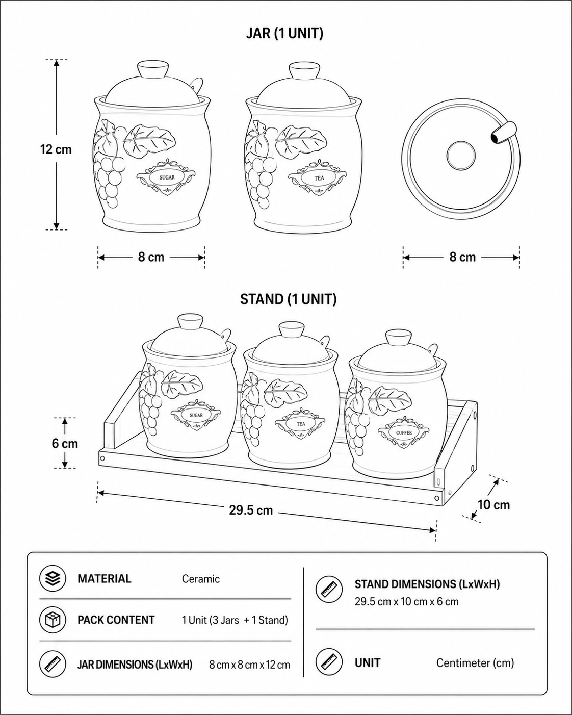 Embossed Grape Ceramic Storage Jar - Set Of 3 