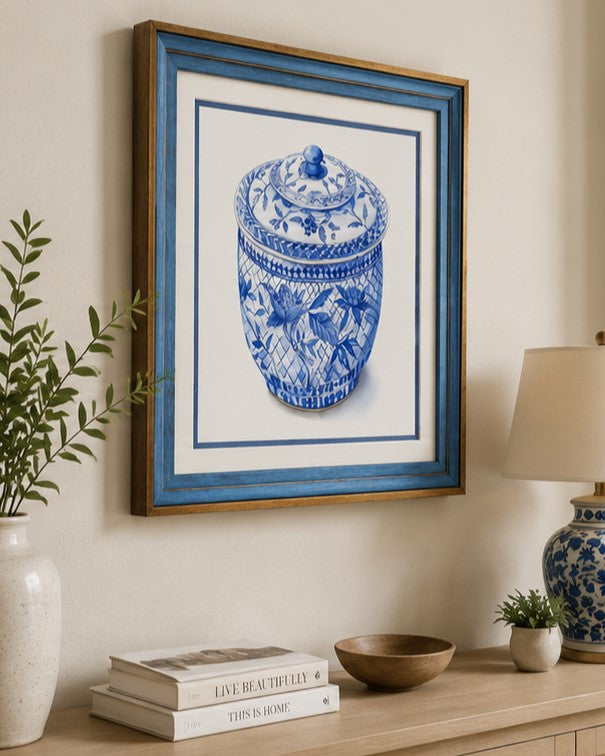 Blue & White Framed Wall art - 12"x12" 