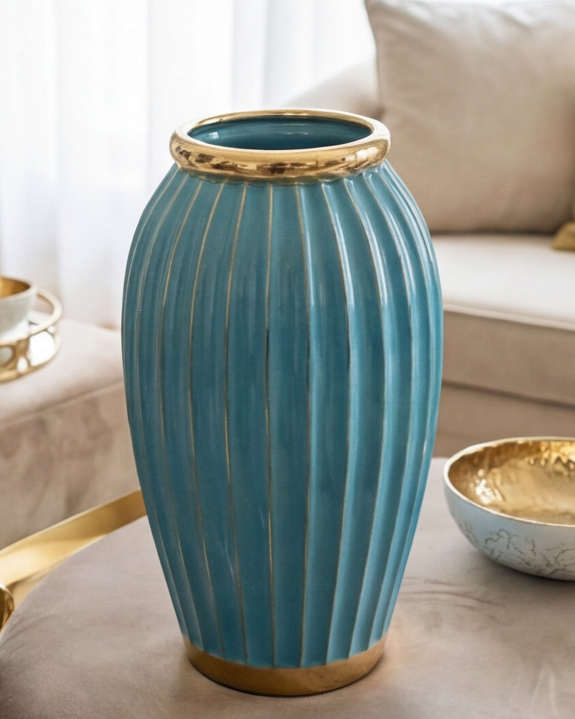 Ocean Blue Ribbed Vase 