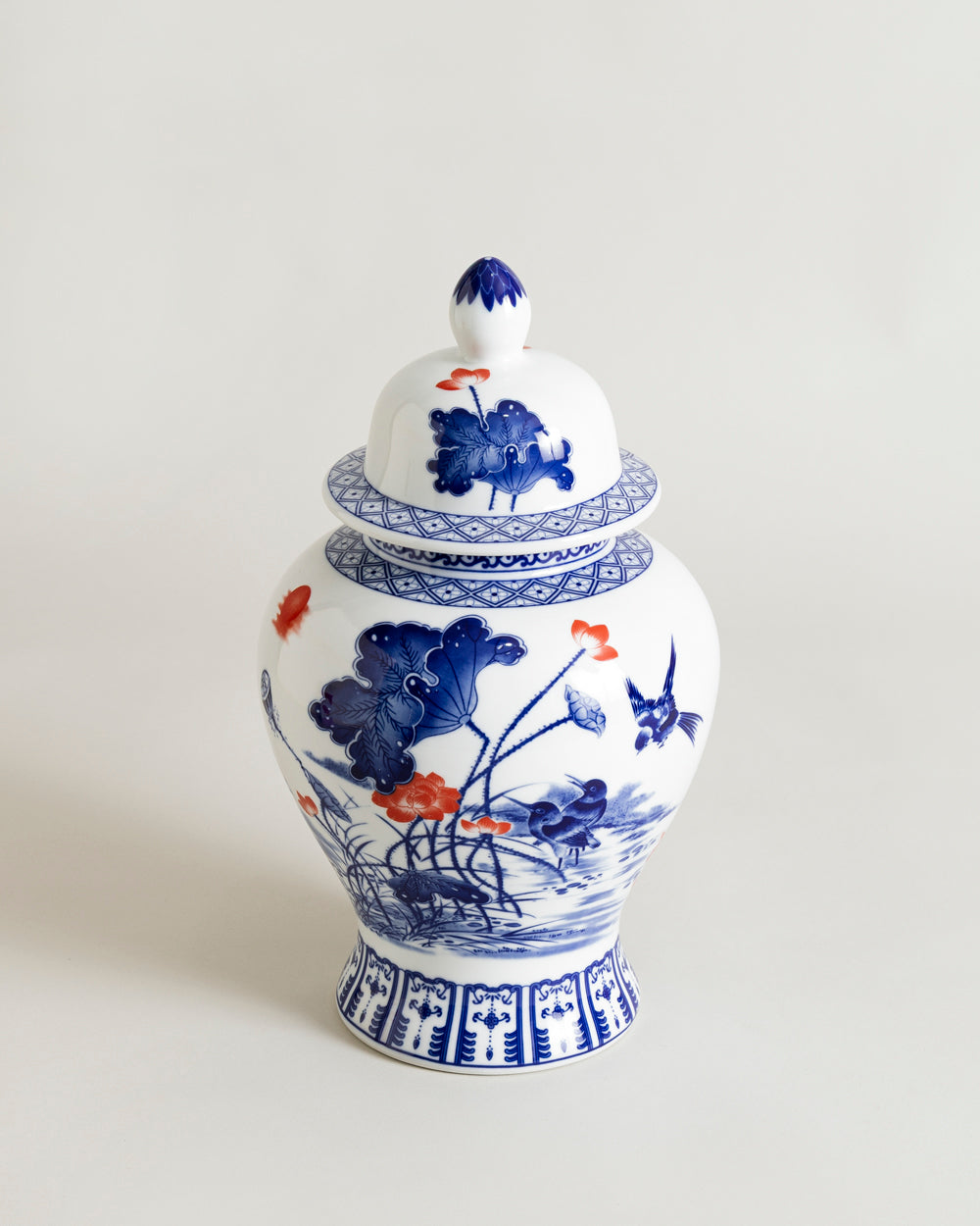 Floral Bird & Lotus Motif Temple Jar