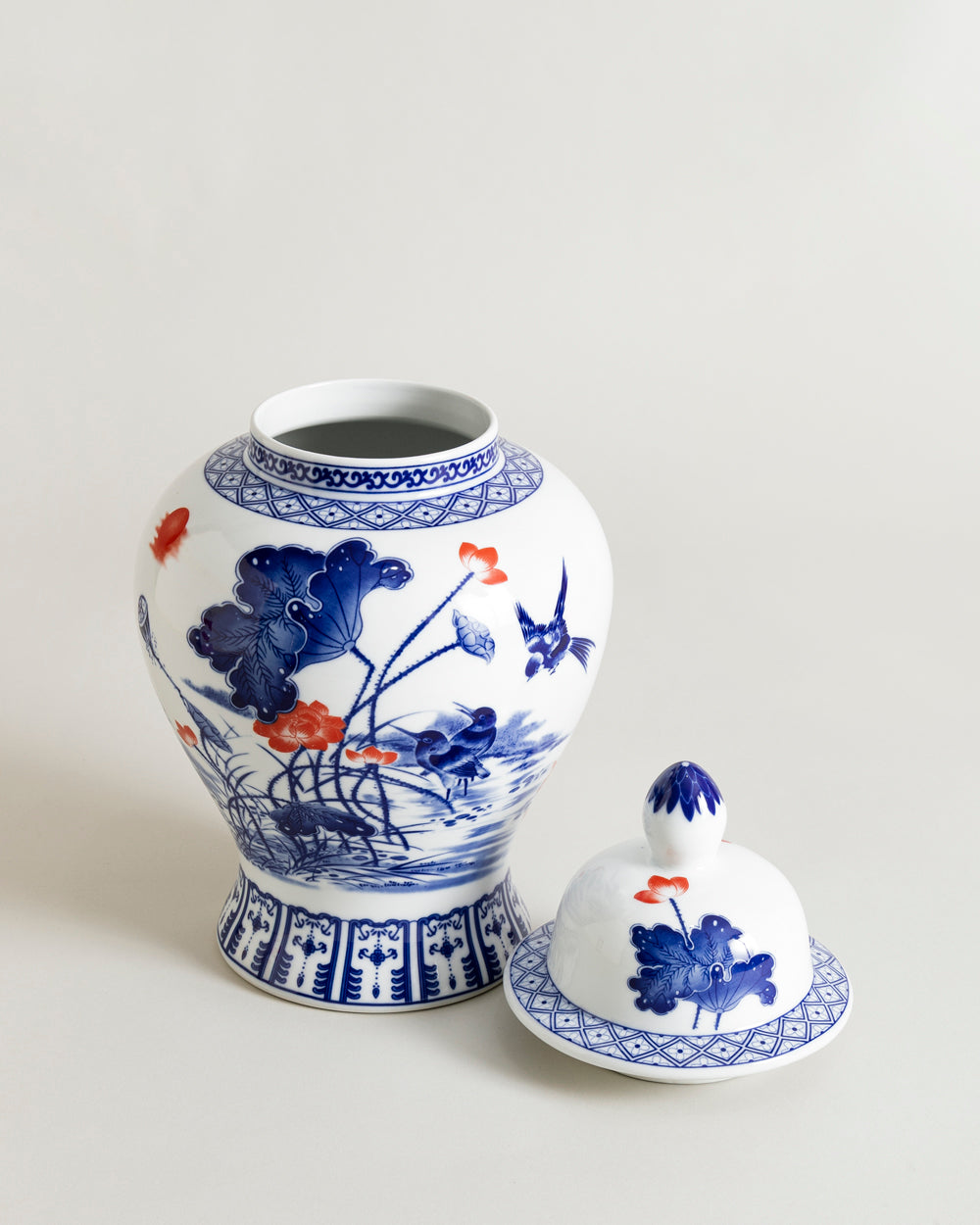Floral Bird & Lotus Motif Temple Jar