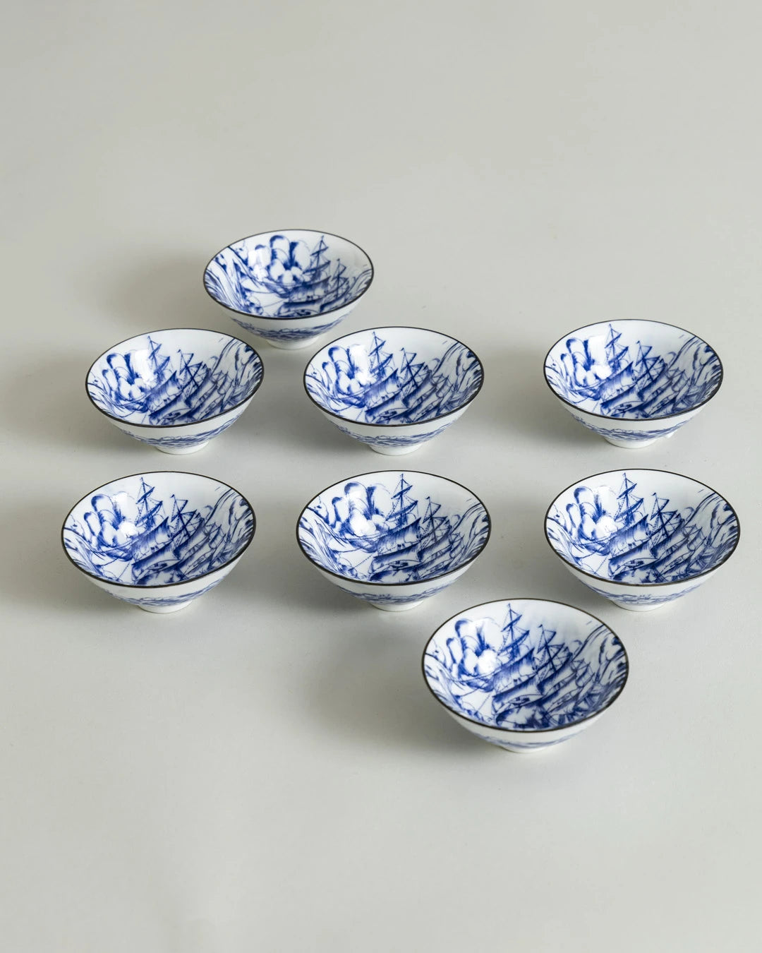 Blue & White Sailing Ship Dip Bowl - Set Of 8