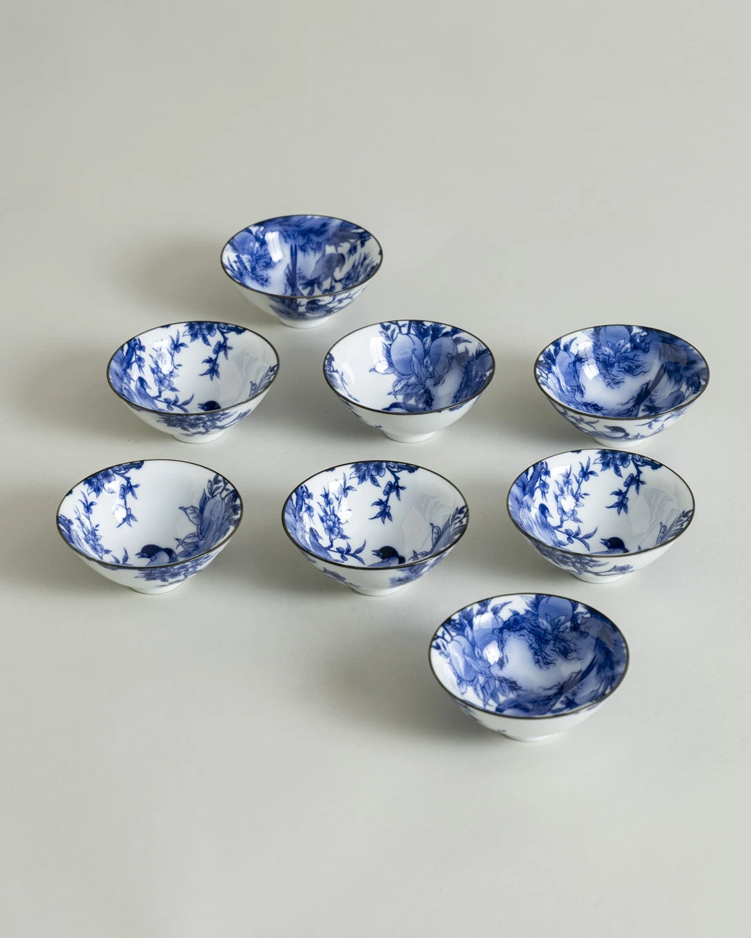 Blue & White Floral Bird Dip Bowl - Set Of 8