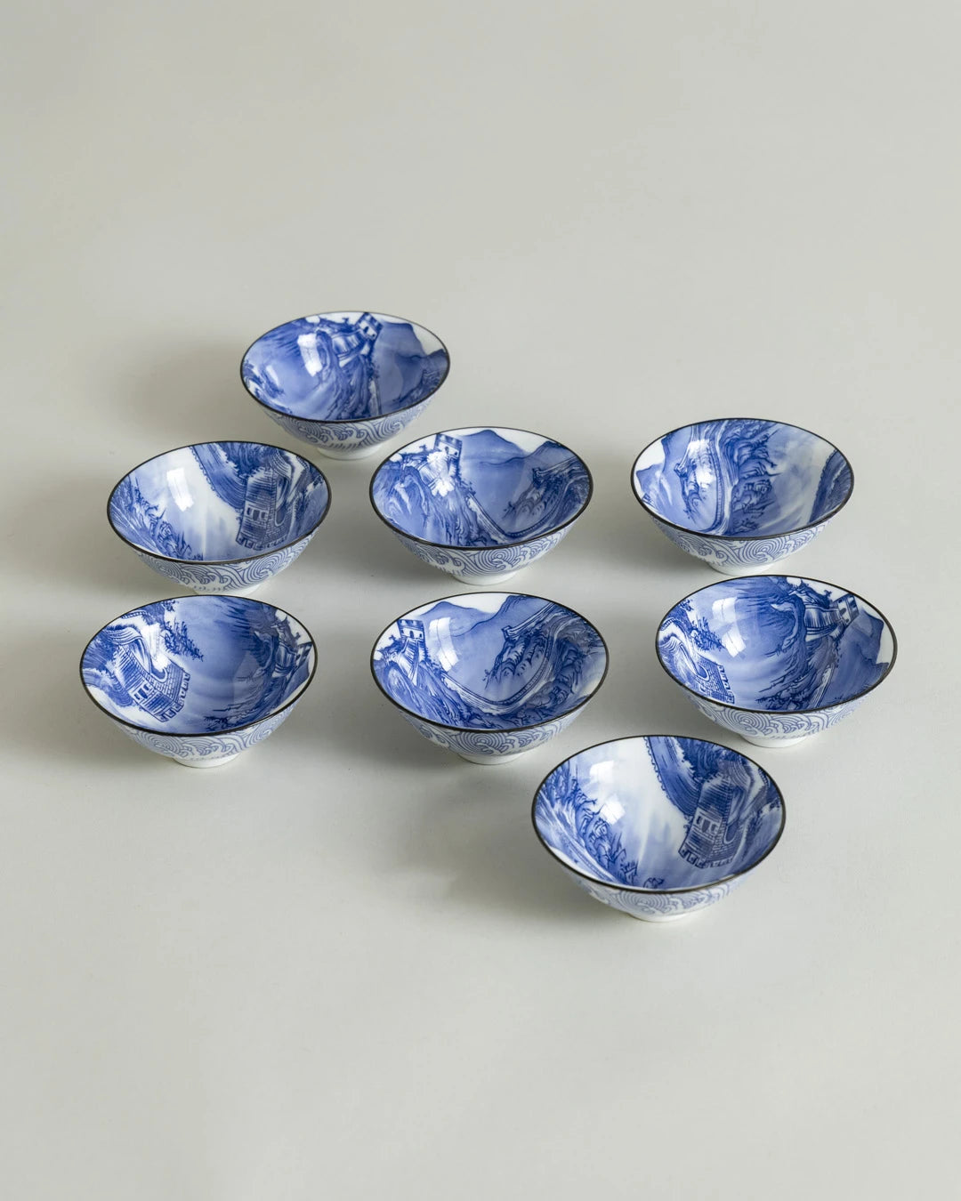 Blue & White Mountain Landscape Dip Bowl - Set Of 8