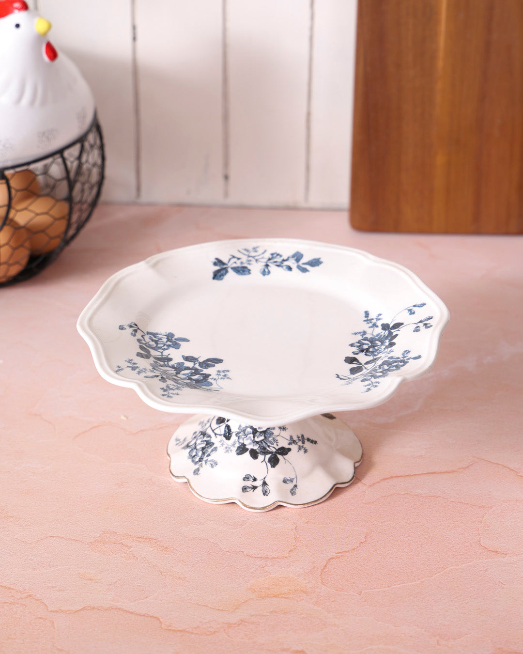 Vintage Blue Floral Scalloped Cake Stand 