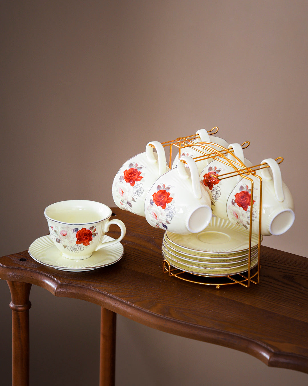 Vintage Floral Embossed - 13 Piece Tea Set with Stand 
