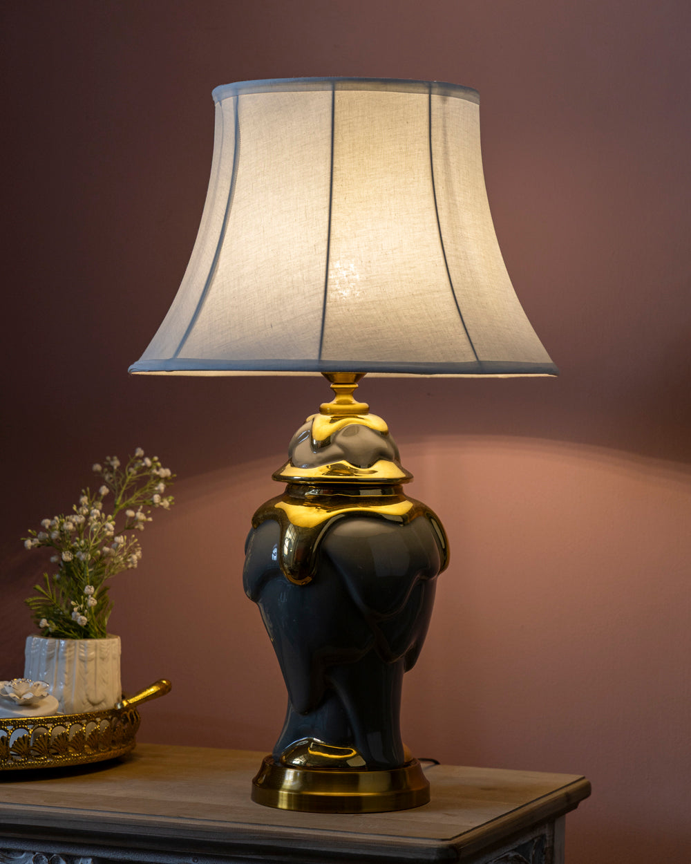Grey + Gold Dripping Paint Table Lamp