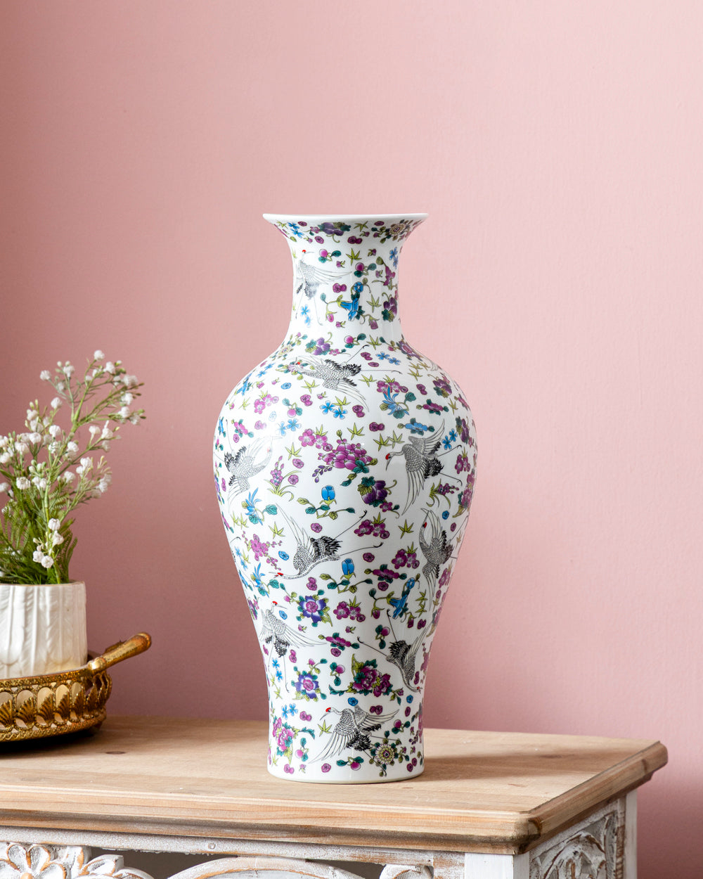 Floral & Butterfly Motif Bulbous Neck Vase