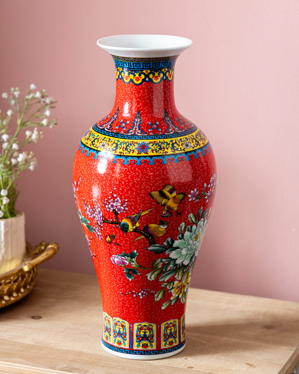 Peony & Bird Motif Traditional Decorative Vase