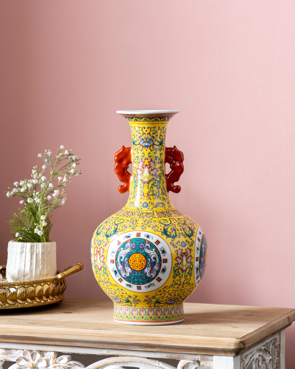 Ornate Medallion Motif Bulbous Neck Vase